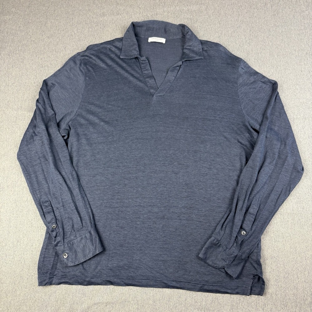 Gran Sasso Lino Shirt Mens 52 Large Navy Blue Long Sleeve Collared Polo Italy